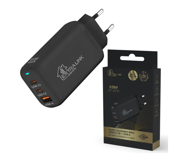 ExtraLink SMART LIFE GAN CHARGER 65W, 2xUSB-C+USB-A, BLACK, CHARESL02 - 1570042 - zdjęcie
